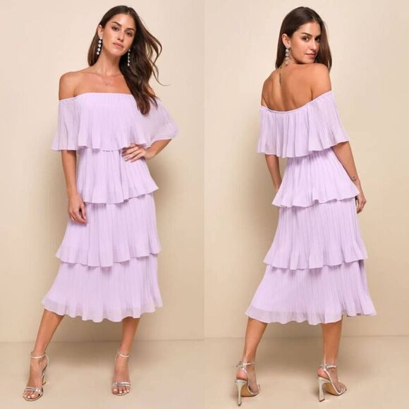 Lulus Gala Ready Lavender Off-the-Shoulder Ruffle Midi Dress M NWT - Picture 1 of 9
